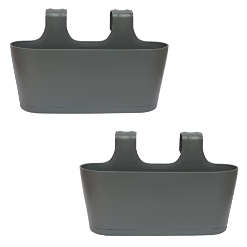 ENGELLAND 2 x Blumenkasten zum Auf-Hängen, Farbe: Anthrazit-Grau, Blumentopf, oval, Balkon, Übertopf, Pflanzkasten, mit Wasserspeicher/Wasserauffangschale