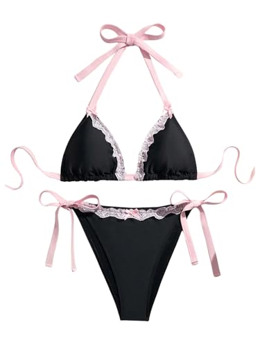 WDIRARA Women's Plus Size Lace Trim Halter Bikini Set Triangle String Swimsuit 2 Piece Bathing Suit