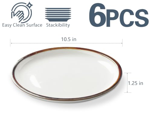Image of ONEMORE 10.5 Inch Ceramic Dinner Plate - Large Stoneware Dish Set of 6, Dessert Salad Plates, Microwave, Dishwasher and Oven Safe, Easy to Clean, Rustic and Speckled Style Dinnerware, Creamy White