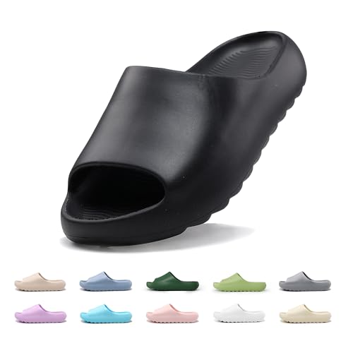 Cloud Slides for Kids Pillow Slippers Girls Boys Non-Slip Quick Drying Soft Lightweight Shower Shoes Thick Sole Open Toe Slides Sandals for Indoor & Outdoor Black, 34 EU