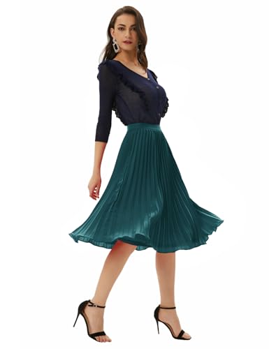 Image of GRACE KARIN Pleated Midi Skirt for Women,Chiffon Elastic High Waist Knee Length Skirts,Swing Flare A-Line Outfits