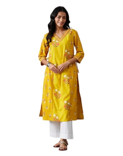 Kurta ethnique imprimé jaune Fabindia, la coupe longue fluide confortable