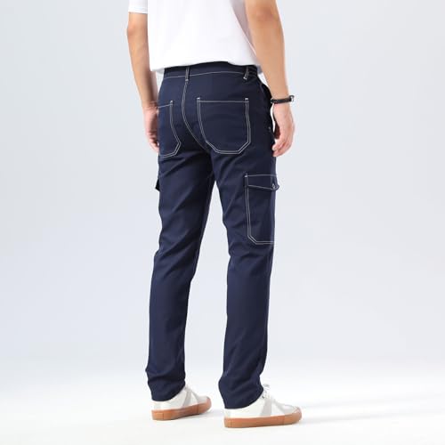 Plaid&Plain Mens Cargo Pants Slim Fit with Contrasting Topstitching and Multi-Pocket3