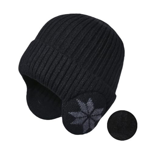 BOYSSPAA Winter Beanie for Men with Earflaps，Unisex Thick Warm Knit Hat with Ear Flaps，Fleece Lined Woolly Hats for Outdoor Activity(UK, Alpha, One Size, Black)