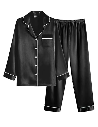 Ekouaer Women Satin Pajamas Set Classic Button Down Long Silk