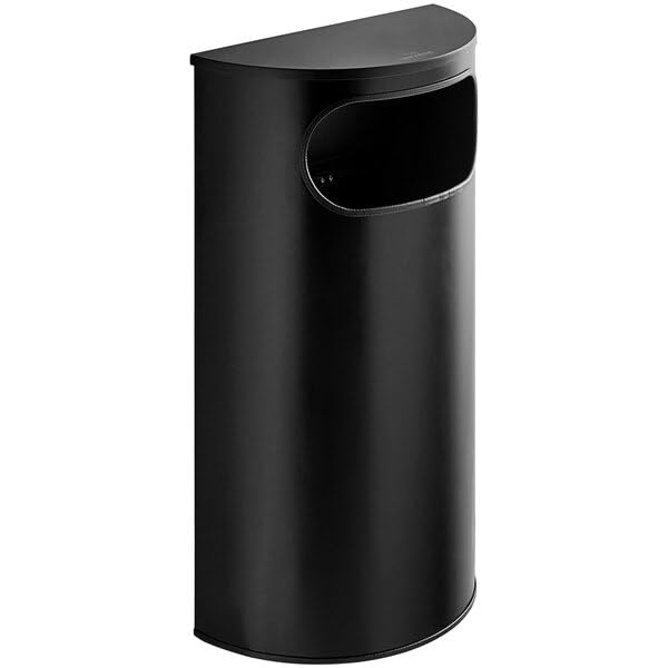 Half Round Metal Trash Can Black Powder-Coated 9 Gallon Capacity Side Opening Indoor Use 18x9x32 Inches