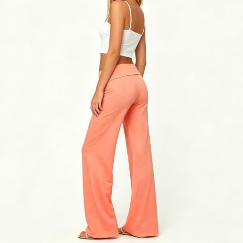 Image of Lounge Yoga Pants for Women Fold Over Low Waist Wide Leg Bell Bottoms