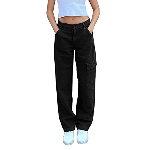 Pantalon cargo en jean femme coupe droite ample taille haute avec poches