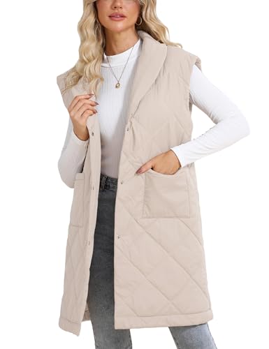 EsheSy Womens Long Line Quilted Puffer Vest Button Down Knee Length Sleeveless Lightweight Jacket Outerwear Gilet Coat