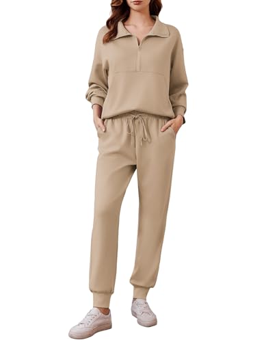 Image of PINSPARK 2 Piece Sets for Women Long Sleeve Half Zip Tracksuit Jogger Sets | 2026 Fall Travel Outfits Lounge Set, Lightweight Soft Air Layer Fabric, Kangaroo Pocket Sweatshirt, Drawstring Joggers Pants