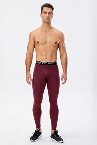 Wine Red Men's Thermal Compression Pants Warm Running Leggings Fleece Lined Sports Tights Cold Baselayer Winter Gear #TOP6