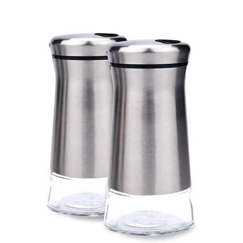 YMTECH Juego de 2 botellas de sal y pimienta, tarro coctelera de vidrio y acero inoxidable, tarro de especias con orificios de vertido ajustables Cover