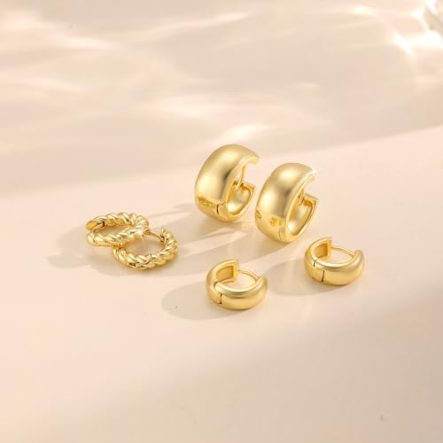 Image of Freekiss 3 Pairs Gold Hoop Earrings Set: Dainty Stud Earrings Trendy Small 14K Gold Plated Hypoallergenic Dangle Cartilage Huggie Hoop Earrings for Women Gold Jewelry for Women Gifts