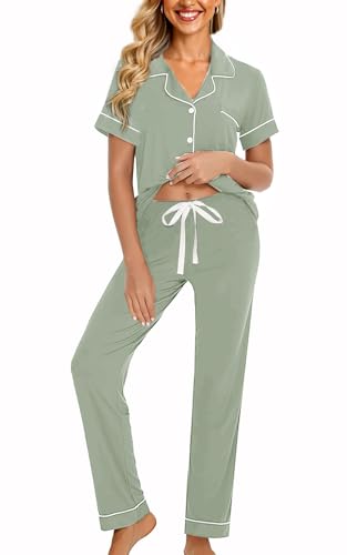 Image of WJing Yi Jia Womens Soft Pajamas Set XS-XXL Button Down Sleepwear Short Sleeves Pajama sets with Long Pants Pj Set Nightwear