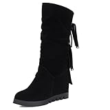 Gicoiz Mujer Punta Rojoonda Retro Knee High Tacón de Cuña Ruched Botas de Flecos Comodo Sin Cordones Invierno Cuña Interior Plataforma Romano Botas Casual Negro Talla 36 EU