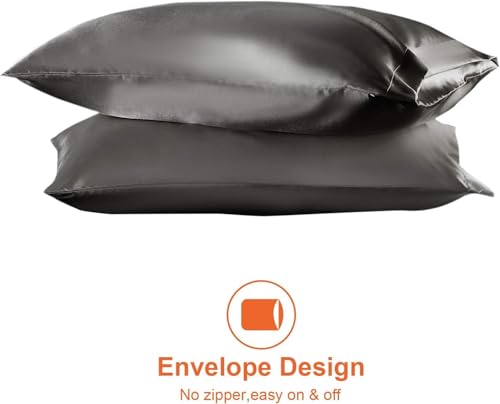 Image of Satin Pillow Covers Set of 2 - Soft & Smooth Pillowcases for Hair & Skin Care | Envelope Closure | Includes 3 Free Random Color Scrunchies | Frizz-Free Sleep Essentials (Gray)