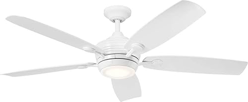 Kichler Ventilador de techo para exteriores Tranquil 5 aspas LED Weather+ de 56 pulgadas con carcasa grabada de cristal opalino en blanco con