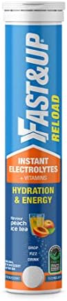 Fast&Up Reload (5 Litres) Low Sugar energy drink for Instant Hydration - 20 Effervescent Tablets with 5 Essential Electrolytes + Added Vitamins - Certified Electrolytes Drink - Peach Ice Tea flavour