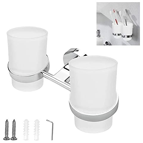 DURANTEY Portacepillos de Dientes de Pared con 2 Vasos de Vidrio Esmerilado Cover