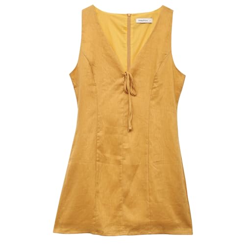 Image of Amazhiyu Womens 100% Linen Summer V Neck Tie Front Sleeveless Mini Tank Dress