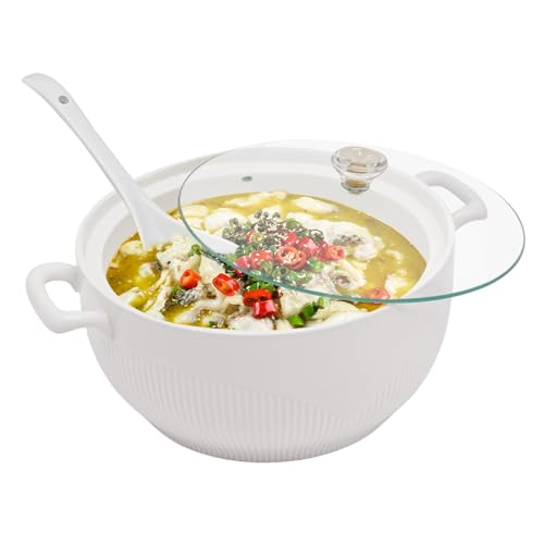 UGCER Ceramic Soup Tureen Round White Porcelain Casserole Serving Bowl Decorative Tableware for Soup Cereal Stew Chill Miso Soup