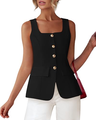 BTFBM Womens Sleeveless Suit Vests Dressy Casual Square Neck Business Work Waistcoat Summer Button Up Blazer Vest Tops