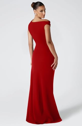 Image of Memoriesea Women's Elegant Off Shoulder Ruched High Split Wedding Party Maxi Dress Red