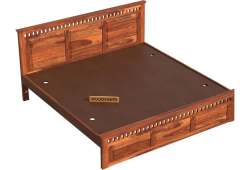Image of Sheesham Wood Bed Without Storage Solid Wooden Cot Bed Elegant and Functional Bedroom Living Room Home(Honey, Queen)