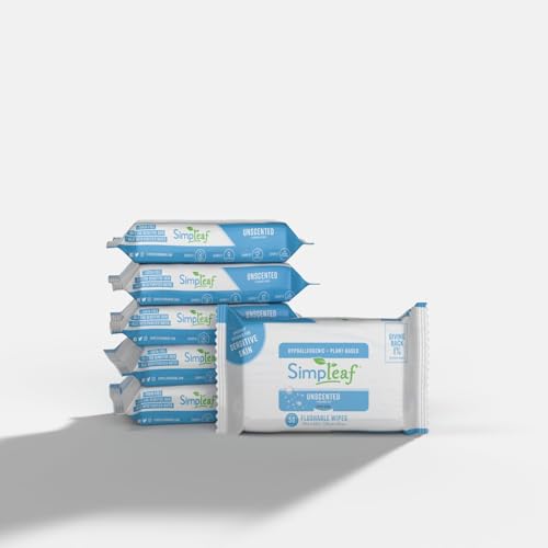 Image of Simpleaf Flushable Wet Wipes Unscented | Plastic Free, Paraben & Alcohol Free | Hypoallergenic & Safe for Sensitive Skin | Soothing Aloe Formula | Adult Toilet Wipes (6 x 50 Count Pack) 300 Count