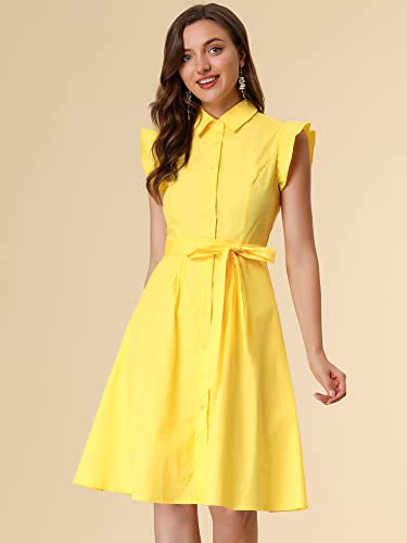 Image of Allegra K Women's Ruffled Sleeve Casual Office Dress Tie Waist Button Down Cotton Shirt Dresses