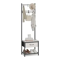 Leader Accessories Narrow Hallway Coat Stand Industrial Coat Rack free standing Hall Tree with Drawer Storage Shoe Bench 6 Hooks Metal Frame 17.7\"x12\"x60.7\"(L/W/H) Greige