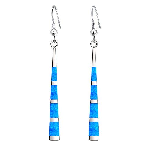 LANMPU 925 Sterling Silver with Simple Classic Long Stripe Blue Green Fire Opal Inlay Drop Earrings for Women and Girls