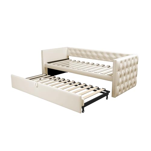 Azkoeesy Sofá cama tapizado 90 x 200 cm, con cama nido y patas plegables, con remaches y cierre de botón, convertible en cama de matrimonio de 180 x 200 cm, funda de terciopelo, color beige