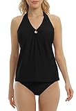Halcurt Damen Neckholder Tankini Badeanzüge V-Ausschnitt Bademode Top und Unterteile Schwarz M