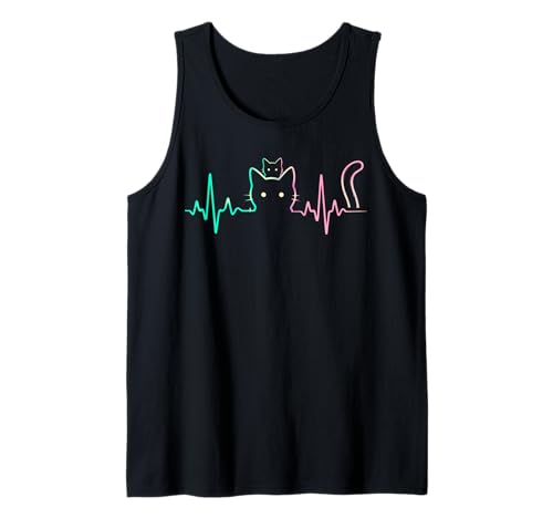 Cute Heartbeat Cat Lover Design Funny Feline Silhouette Tee Tank Top