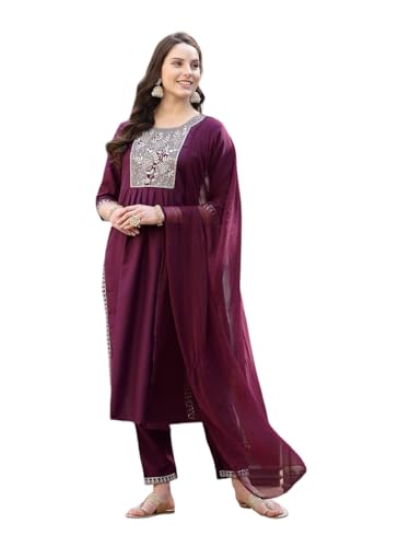 Stylum Women's Solid & Embroidered Cotton Blend Naira Cut Kurta Pant Dupatta Set (Kpdwineharshil36_Wine, S)