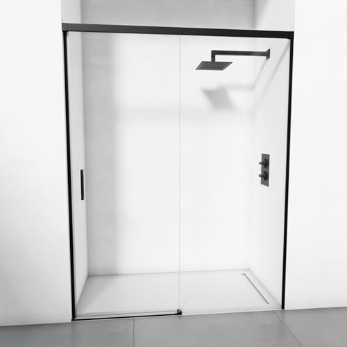 Mampara de ducha reversible 1 corredera + 1 fijo - Perfilería minimalista - Cristal transparente templado 6 mm antical - Negro mate - Ancho adaptable 96-100 - Alto 195 cm