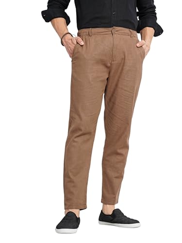 Image of Celio Men Brown Solid Regular Fit Linen Trousers