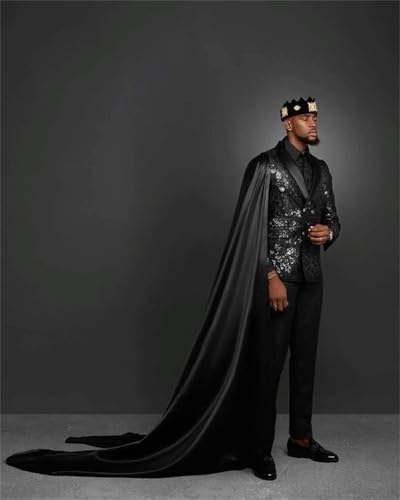 Mens 3 Pieces Black Tuxedo Set Slim Fit Prom Graduation Party Jacquard Jacket Pants with Removable Satin Cape3