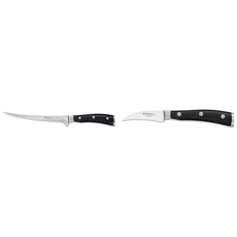 Wüsthof Filiermesser, Classic Ikon, flexible Klinge 18 cm, geschmiedet, Edelstahl rostfrei & Tourniermesser, Classic Ikon, 7 cm Klingenlänge, geschmiedet, Edelstahl rostfreies Schälmesser Solingen