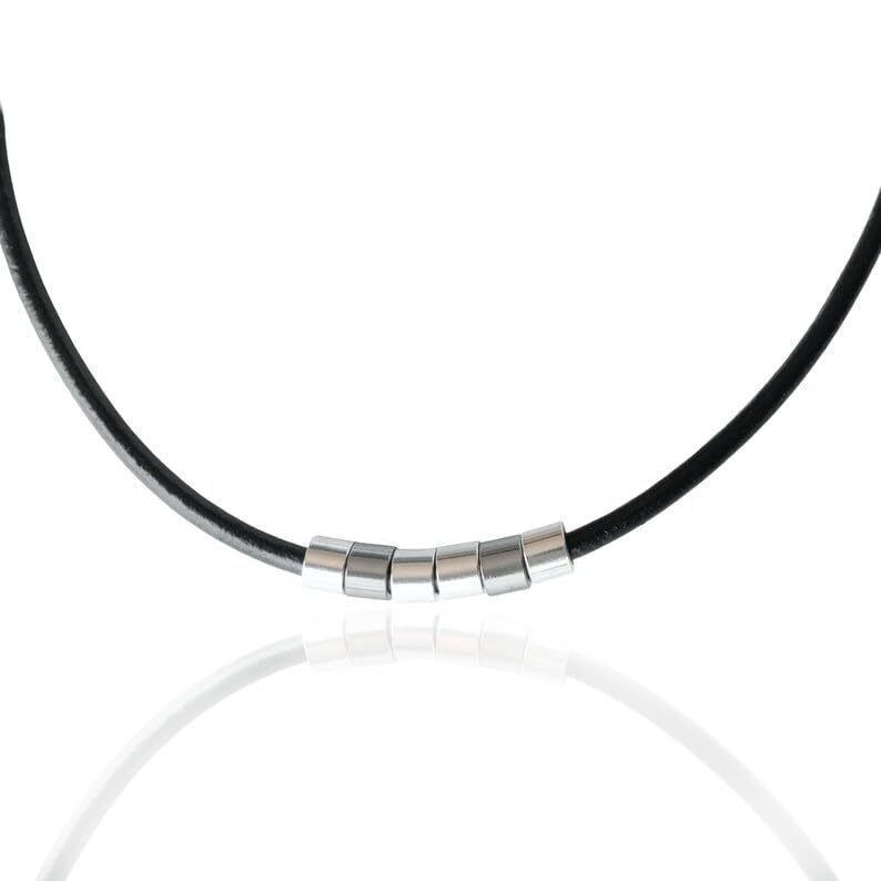 Men's Boho Choker Necklace, Short Black Leather & Silver Plated Tube Beads Necklace for Men, Handmade Minimalist Tribal Urban Trendy Jewelry for Guys by Magoo (16.5")