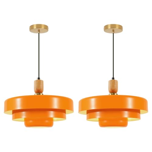 Image of 2-Pack Orange Pendant Lights, Mid Century Modern Metal & Wood Hanging Lamps, Adjustable 59 inch Cord, E26 Base for Kitchen Island Dining Room Entryway
