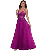 DMOMOG Tulle Lace Appliques Prom Dresses for Women Spaghetti Straps Long V Neck A Line Flowy Form...