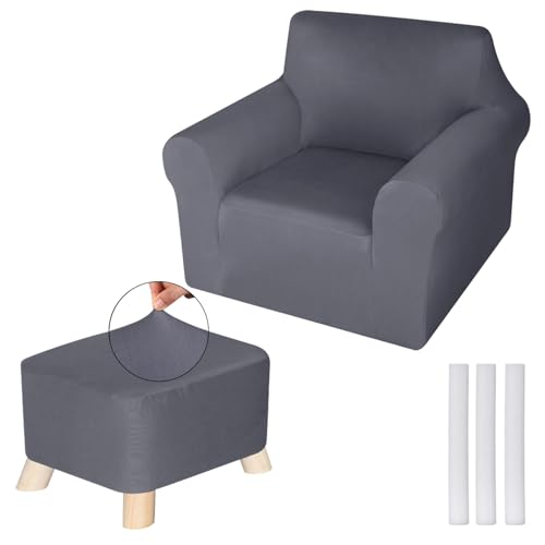 Chair and Ottoman Covers Slipcover Set Armchair Cover T Cushion Chair Slipcover Milk Silk Sofa Furniture Protector Couch Soft for Armchair Ottoman(Dark Gray)