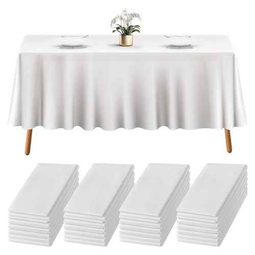 Image of Prestee 24 Pack Plastic Table Cloth Disposable - 108 inch x 54 inch White Table Cloth Rectangle for Indoor or Outdoor Use - White Tablecloths for Weddings, Parties - Plastic Table Cover for Fine Dining Events