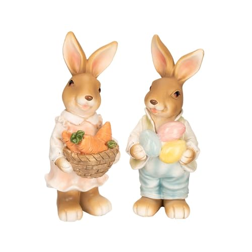 Ideen mit Herz Figuras decorativas de casal de coelhos, 2 figuras de coelhos com cenouras e ovos de Páscoa, decoração de Páscoa, aprox. 14 cm de altura (design 2)