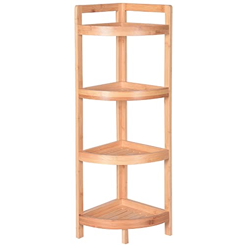 BAKAJI Scaffale Angolo Salvaspazio Colore bamboo Naturale, Angoliera in Bambù Multiuso, Scaffalatura Robusta Portaoggetti, Libreria Arredamento Interno, Mobile Bagno (4 Ripiani)
