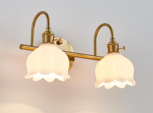 Image of Bathroom Light Fixtures, 3-Light Brass Vanity Wall Light with Amber Tulip Glass Shades, Vintage Wall Sconce Over Mirror for Bathroom, Bedroom, Living Room (Bulbs Not Included) (White, 2-Light)