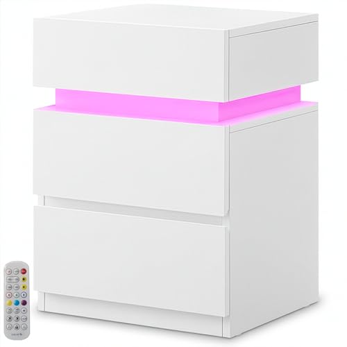 Marctani Mesillas de Noche LED Modernas - Mesita de Noche Blanca con 16 Colores de Luz, 2 Cajones + 1 Cajon Oculto - Mesa de Noche Dormitorio Estrecha con Guardamovil Mesitas de Noche
