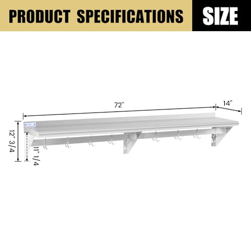 Image of Hally Stainless Steel Shelf with 8 Hooks 14 inch x 72 inch Wall Mounted Pot Rack 400lb, NSF Commercial Floating Shelving for Storage Hanging Pots, Pans, cookware in Restaurant, Kitchen, Home and Hotel